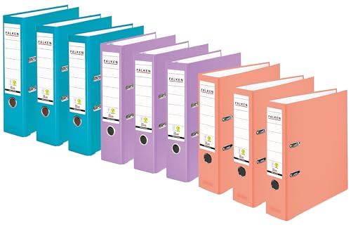 Original Falken Pack PP-Color Ordner. Made in Germany. 8 cm breit DIN A4 farbig sortiert Pastell Vegan Kunststoff-Ordner Ringordner Aktenordner Briefordner Büroordner (Pastell Sortiert, 9er Pack) von FALKEN