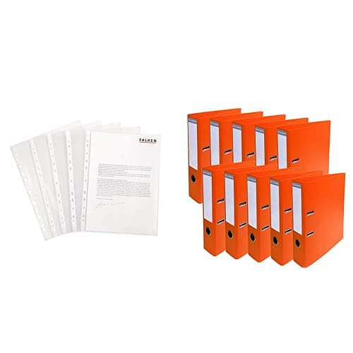 Set aus: Original Falken 100er Pack Economy PP-Kunststoff Prospekthüllen. Für DIN A4 & Exacompta 53744E 10er Pack Premium PVC-Ordner Prem´Touch. 7 cm breit DIN A4 farbig orange von FALKEN