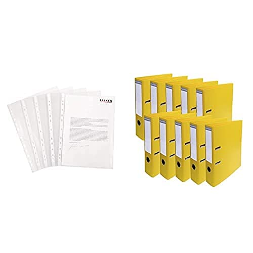 Set aus: Original Falken 100er Pack Economy PP-Kunststoff Prospekthüllen. Für DIN A4 & Exacompta 53749E 10er Pack Premium PVC-Ordner Prem´Touch. 7 cm breit DIN A4 farbig gelb von FALKEN