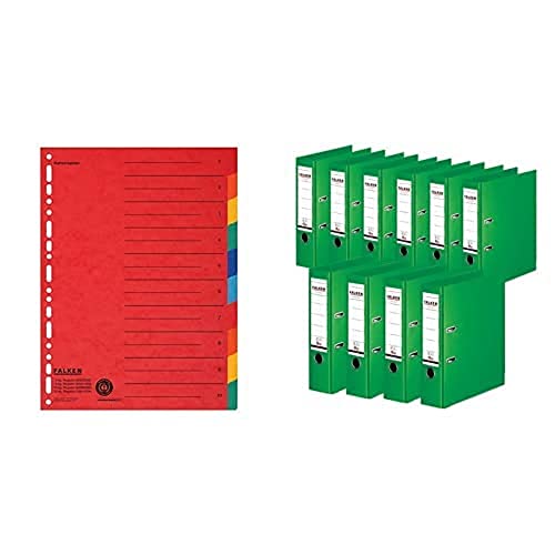 Set aus: Original Falken Karton-Register überbreit A4 24 x 29,7 cm mit Organisationsdruck 10 tlg 2x5 Farben & 10er Pack Falken Chromocolor Premium-Ordner Kunststoffbezug 8 cm breit A4 hellgrün von FALKEN