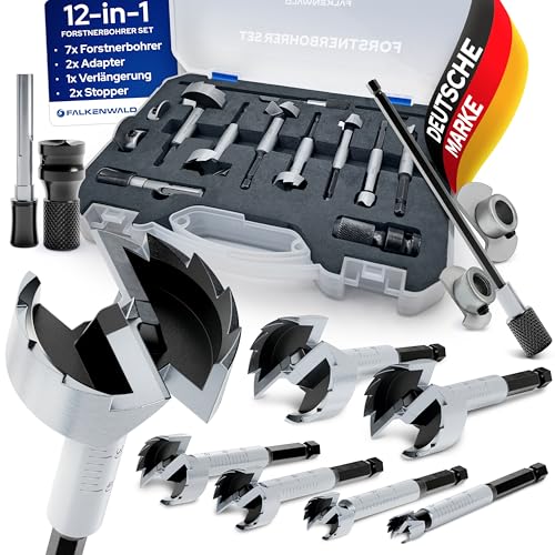 FALKENWALD® Forstnerbohrer Set 10-teilig (Ø 10-40 mm) mit Werkzeugkoffer & Adapter + Erweiterung - Hochpräzise Holzbohrer Topfbohrer - Premium Forstner Bohrersatz für Hart- & Weichholz von FALKENWALD