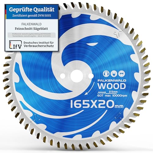 FALKENWALD® Kreissägeblatt 165x20 mm mit 60 Hartmetallzähnen - Ideal für Holz (Wood) - Kompatibel mit Makita Sägeblatt 165 DHS680RTJ, Makita SP 6000K1, Bosch GKT 55 GCE von FALKENWALD