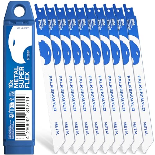 FALKENWALD® Säbelsägeblätter Metall 10x S1122BF – Super Flex - 225 mm lang, 14 TPI - Bi-Metall, Edelstahl, Aluminium, Bleche - Universalschaft 1/2" für Bosch, Makita, Einhell u. v. m. von FALKENWALD
