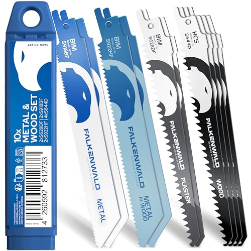 FALKENWALD® Säbelsägeblätter Set 10-tlg – 6x Metall + 4x Holz - Bi-Metall & HCS - Für Holz, Metall, Gipskarton, Kunststoff - Passend für Bosch, Makita, Einhell, DeWalt u. v. m. von FALKENWALD