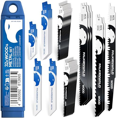 FALKENWALD® Säbelsägeblätter Set 32-tlg – 22x Holz + 10x Metall - Bi-Metall & HCS - Für Holz, Metall, Edelstahl, Rohre, Laminat - Passend für Bosch, Makita, Einhell u. v. m. von FALKENWALD