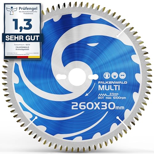 FALKENWALD® Sägeblatt 260x30 mm (Multi) - Kreissägeblatt mit 80 Zähnen aus Hartmetall für Holz, Metall, Aluminium und Kunststoffe - Sägeblatt 260 x 30 mm kompatibel mit Makita HS0600, Bosch usw. von FALKENWALD