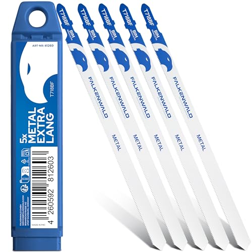 FALKENWALD® Stichsägeblätter Metall 5x T718BF – Extra lange Sägeblätter 180 mm für Metall, Kunststoff & Sandwichpaneele – HSS Bi-Metall, T-Schaft kompatibel, gratfreier Schnitt von FALKENWALD