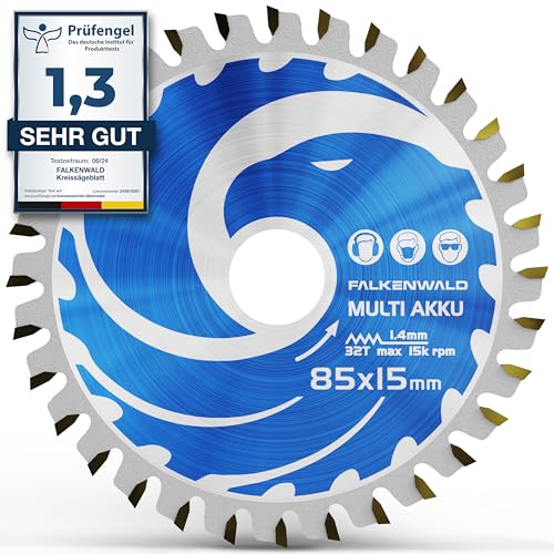 FALKENWALD ® Akku Sägeblatt 85x15 mm - Ideal für Holz, Metall & Alu - Kompatibel mit Bosch GKS 12v-26 & Makita Mini Handkreissäge - Universal Saegeblatt 85 x 15 aus hochwertigem Hartmetall von FALKENWALD