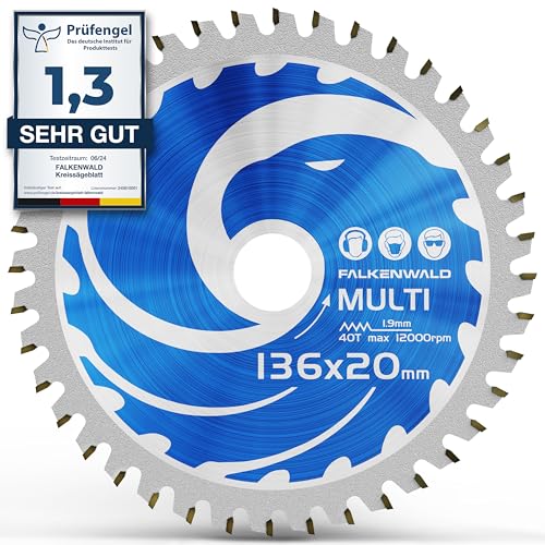 FALKENWALD ® Kreissägeblatt 136 x 20 mm - Ideal für Holz, Metall & Alu - Handkreissägeblatt kompatibel mit Tauchsäge & Kreissäge von Bosch & Makita - Universal Sägeblatt aus hochwertigem Hartmetall von FALKENWALD