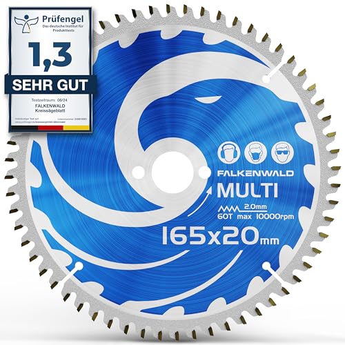 FALKENWALD ® Kreissägeblatt 165x20 mm ideal für Holz, Metall & Alu - kompatibel mit Tauchsäge & Kreissäge von Bosch & Makita - Multi Sägeblatt 165 x 20 aus hochwertigem Hartmetall von FALKENWALD