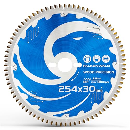 FALKENWALD ® Sägeblatt 254x30 Holz Precision - 254x30 Kreissägeblatt mit 80 HM Zähnen - Kompatibel mit Bosch GTS 10 XC, PTS 10 Tischkreissäge & Metabo Kappsäge KGS 254 M - Kreissägeblatt 254 x 30 von FALKENWALD