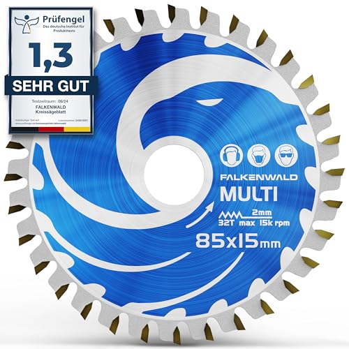 FALKENWALD ® Sägeblatt 85x15 mm ideal für Holz, Metall & Alu - Sägeblatt 85mm kompatibel mit Tauchsäge & Kreissäge von Bosch & Makita - Vielseitiges Saegeblatt 85 x 15 aus hochwertigem Hartmetall von FALKENWALD