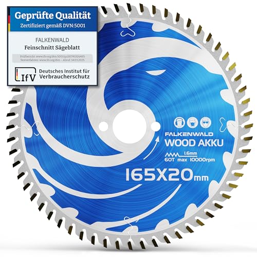 FALKENWALD Akku Sägeblatt 165x20 Ideal für Holz - Kompatibel mit Bosch GKS 18v-57g, Bosch Tauchsäge GKT 55 GCE, Makita SP6000 - Kreissägeblatt 165x20, Kreissägeblatt 165, Sägeblatt Handkreissäge FALKENWALD Akku Sägeblatt 165x20 Ideal für Holz - Kompatibel mit Bosch GKS 18v-57g, Bosch Tauchsäge GKT 55 GCE, Makita SP6000 - Kreissägeblatt 165x20, Kreissägeblatt 165, Sägeblatt Handkreissäge von FALKENWALD