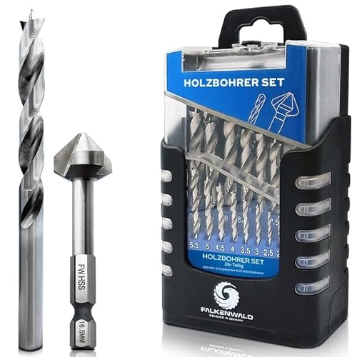 Falkenwald Holzbohrer Set 1-13mm + Kegelsenker 26tlg. - HSS-G Bohrerset für präzise und saubere Bohrungen - Bohrer Set Holz - Bohraufsätze Falkenwald Holzbohrer Set 1-13mm + Kegelsenker 26tlg. - HSS-G Bohrerset für präzise und saubere Bohrungen - Bohrer Set Holz - Bohraufsätze von FALKENWALD