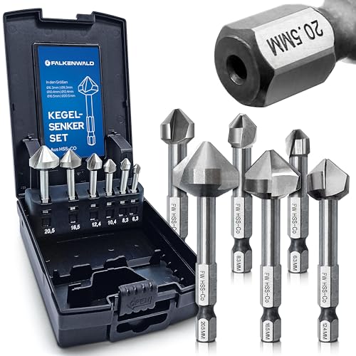 Falkenwald Kegelsenker Set aus HSS-CO Stahl [6-teilig inkl. Aufbewahrungsbox] - Senkbohrer Holz Ø 6,3-20,5 mm - Senker Holz - Senker Metall Kegelsenker Metall von FALKENWALD