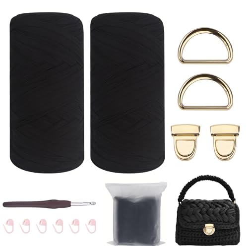 FALSKT 2 x 200 g T-Shirt-Garn, schwarzes Stoff-Häkelgarn, grobes Garn zum Stricken, für Taschen, Korb, Decke, Heimdekoration, Basteln, mit Häkeltaschen-Zubehör von FALSKT