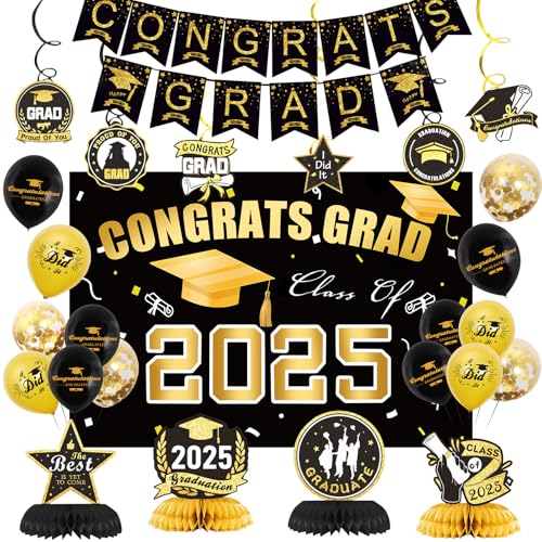 Abschlussdekorationen 2025 Schwarz und Gold Komplettset – Klasse 2025 Hintergrund, Congrats Grad Banner, Luftballons, hängende Wirbel & Wabendekor – Abschlussfeier Zubehör für High School & College Abschlussdekorationen 2025 Schwarz und Gold Komplettset – Klasse 2025 Hintergrund, Congrats Grad Banner, Luftballons, hängende Wirbel & Wabendekor – Abschlussfeier Zubehör für High School & College von FALUCKYY