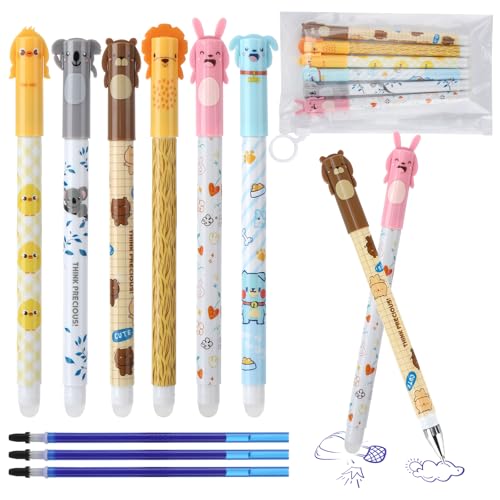 FAMCUCHE 6 Pack Radierbarer Kugelschreiber, 0.5mm Blau Radierbare Stifte, Erasable Pen mit 3 Nachfüllungen und Beutel, Tintenroller Radierbar Radiertinte Radierstifte Tiere mit Thermoempfindlicher von FAMCUCHE