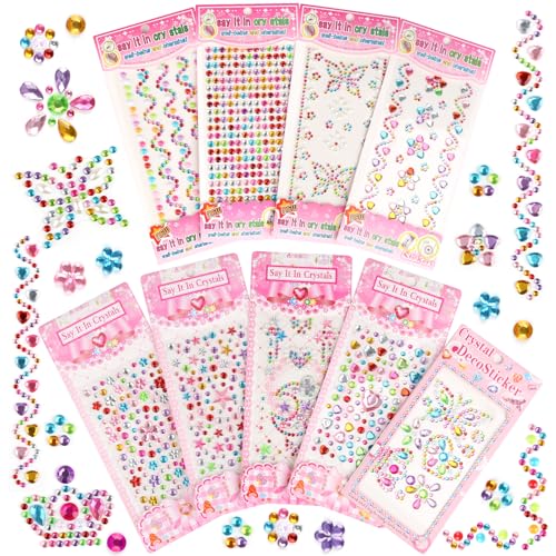 Glitzersteine Selbstklebend, 9 Blätter Acrylglitzersteine Strasssteine Selbstklebend,Verschiedene Formen Glitzersteine Zum Basteln Schmucksteine Kristall Aufkleber für Kinder Handwerke von FAMCUCHE