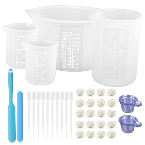 Mischbecher Epoxidharz Set, 600&250ml Silikonbecher, 2 Stück 100ml Silikon Messbecher, Silikon-Rührstäbe, Silikonspatel, Pipetten Dosierbecher, Fingerlinge, Messbecher Silikon von FAMCUCHE