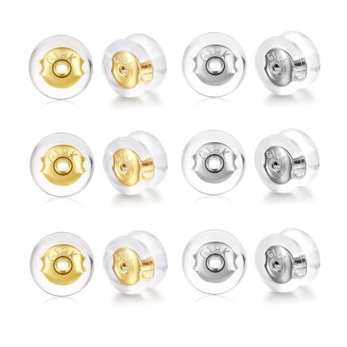 FAMIDIQGO 12 Stück Sichere Ohrring-Verschlüsse für Ohrstecker, Silikon-Ohrring-Ersatz für Ohrstecker/hängende Ohren, hypoallergene Ohrring-Verschlüsse (Silber/Gold) von FAMIDIQGO
