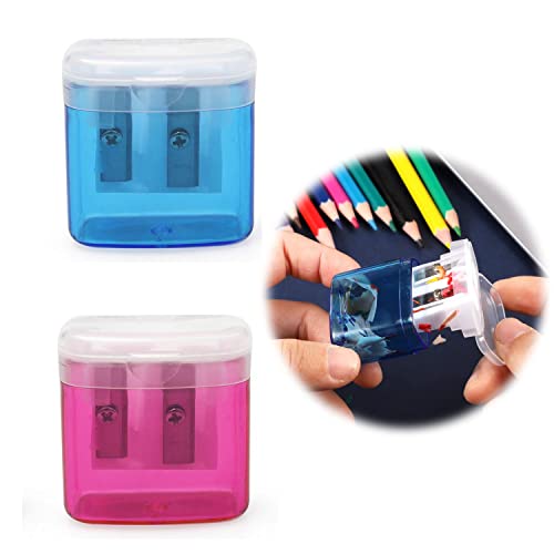 FAMIDIQGO Pack of 2 Pencil Sharpener, Double Sharpener with Container Lid Sharpener Metal Colourful Manual Pencil Sharpener for School Office von FAMIDIQGO