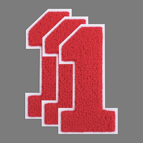 FANCIBAND 3 Stück 11,4 cm rote Zahlen zum Aufbügeln für Jersey, Letterman, Jacke, Jacke, Chenille, zum Aufbügeln auf Kleidung, Jacke, Kapuzenpullover, Varsity 1 von FANCIBAND