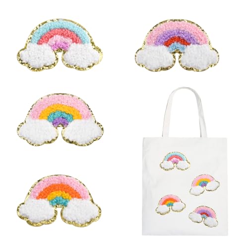 FANCIBAND Chenille-Flicken zum Aufkleben, selbstklebend, mit Pailletten, für Taschen, niedlicher Regenbogen-Aufnäher für Rucksack, Hüte, Jeans, Jacken, Kleidung, 4 Stück von FANCIBAND