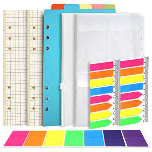 FANDAMEI A5 Karierte Nachfüllbare Notizpapier Set, 2 Packe 6 Löcher A5 Nachfüllpapier 90 Blätter, 5 Stücke Farbige Trennblätter A5, 460 Stücke Haftnotizen Bunt, 2 Stücke Umschlägbeutel A5 von FANDAMEI