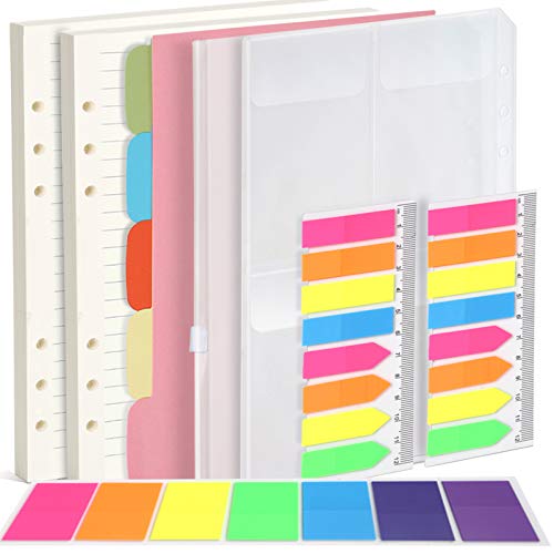 FANDAMEI A5 Nachfüllbare Notizpapier Set, 2 Packe 6 Löcher A5 Nachfüllpapier A5 Liniert 90 Blätter/180 Seiten, 5 Stücke Farbige Trennblätter A5, 460 Stücke Haftnotizen Bunt, 2 Stk. Umschlägbeutel A5 von FANDAMEI