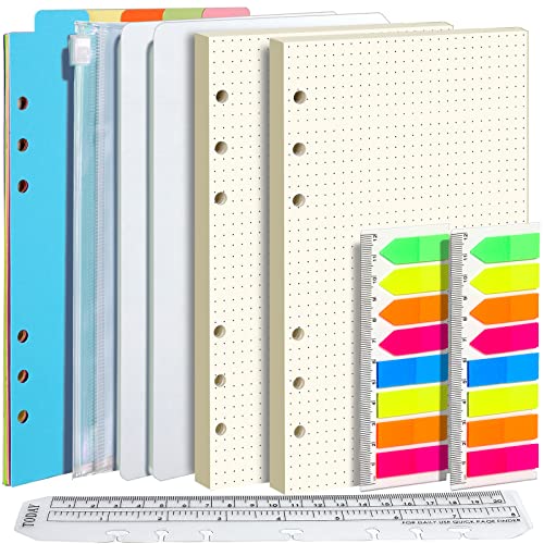 FANDAMEI A5 Papier Gepunktete Nachfüllpapiere Set, 6 Löcher A5 Gepunktete Nachfüllbare Notizpapier 90 Blätter, 7 Stk. Trennblätter A5, 320 Stk. Haftnotizen, 1 Stk. Umschlägbeutel, 20 CM Lineal A5 von FANDAMEI