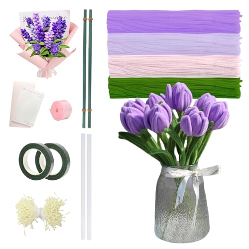 400 Stück Pfeifenputzer zum Basteln Lavendel, Pfeifenreiniger Blumen DIY Chenilledraht Bunt Pfeifenreiniger zum Basteln Set mit Grüne Blütenstiele, Staubgefäße, Klebeband, Klebestift, Geschenkpapier von FANGCCC