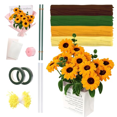 400 Stück Pfeifenputzer zum Basteln Sonnenblume, Pfeifenreiniger Blumen Chenilledraht Bunt Pfeifenreiniger zum Basteln Set mit Grüne Blütenstiele, Staubgefäße, Klebeband, Klebestift, Geschenkpapier von FANGCCC
