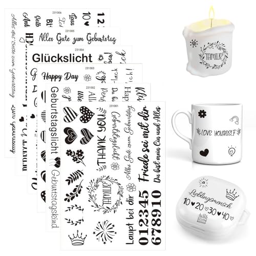 6 Stück Rub On Sticker Geburtstag Sprüche Aufkleber A5 Selbstklebend Folie Transferaufkleber DIY Wasserschiebefolie für Kerzentattoos, Glas, Geschenke, Party Deko von FANGCCC