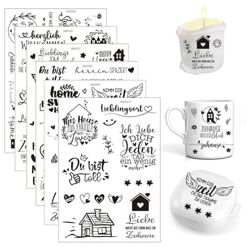 6 Stück Rub On Sticker Heim Sprüche Aufkleber A5 Selbstklebend Folie Transferaufkleber DIY Wasserschiebefolie für Kerzentattoos, Glas, Geschenke, Party Deko von FANGCCC