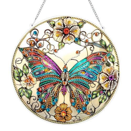 Diamond Painting Anhänger, Diamond Painting Türkranz, Diamond Paint-ing Schmetterling Blumen, 5D Diamond Paint-ing Fensterbilder mit Kette für Eingang Decor (Orange) von FANGCCC