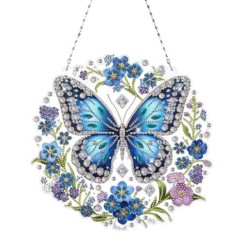 Diamond Painting Anhänger, Diamond Painting Schmetterling Deko, Diamond Painting Türkranz mit Kette, 5D Diamond Painting Fensterbilder Blumen für Fenster Wand und Eingang Decor (Stil 1-Blau) von FANGCCC