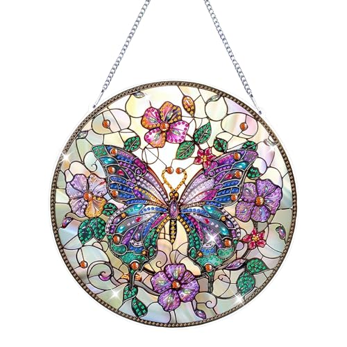 Diamond Painting Anhänger, Diamond Painting Türkranz, Diamond Paint-ing Schmetterling Blumen, 5D Diamond Paint-ing Fensterbilder mit Kette für Eingang Decor (Lila) von FANGCCC