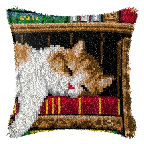 FANKXIUXI Knüpfkissen Set mit Knüpfhaken und Toolkit zum Selber Knüpfen Kissens Latch Hook Kissen Kit Katze 43x43cm A10 von FANKXIUXI