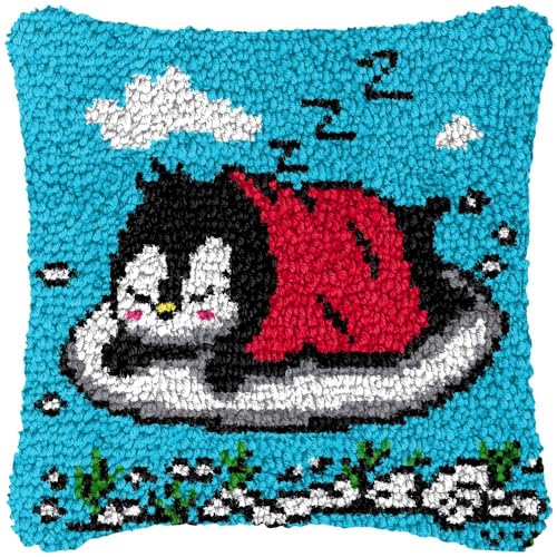 FANKXIUXI Schlafender Pinguin DIY Knüpfhaken Kissen Kit Unvollendet 3D Kissenbezug Kit Knüpfhaken Kit Handmade Kreuzstich für Erwachsene Kinder Anfänger 43x43 cm von FANKXIUXI