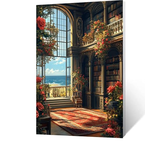 Diamond Painting Erwachsene Bücherregal, 5D Volldiamant Malen Nach Zahlen Blume mit Diamond Painting Zubehör, Runde Diamant Strasssteine Bastelset Erwachsene, DIY set für Zimmer Deko 50x70cm Model-144 von FANLIGZU