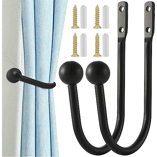 FANNAS 2 Stück Raffhalter Gardinen Dekorativer Metall Vorhang Raffhalter Haken Wandbefestigung U-Form Raffbügel Vorhänge Tieback Hooks für Schlafzimmer Wohnzimmer Bäder Büros Cafés (Schwarz) von FANNAS