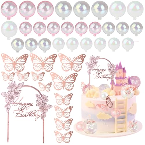 FANNAS 40 Stück Happy Birthday Tortendeko Mädchen Tortendeko Kugeln,Roségoldener Schmetterling Transparente Kugel,Geeignet zum Dekorieren Ihrer Selbstgemachten Kuchen Oder Bastelarbeiten von FANNAS