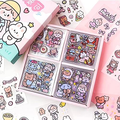 FANNAS Kawaii Sticker 100 Blätter Mini Cartoon Mädchen Aufkleber Cute Figur Sticker Set Scrapbooking PET Transparent Scrapbook, Aesthetic für Journaling, Kalender, DIY Basteln von FANNAS