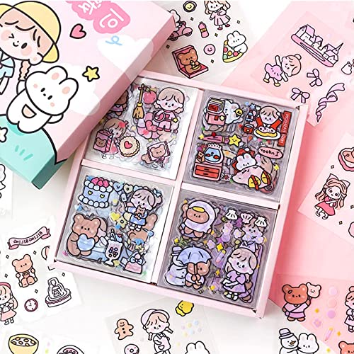 FANNAS Kawaii Sticker 100 Blätter Mini Cartoon Mädchen Aufkleber Cute Figur Sticker Set Scrapbooking PET Transparent Scrapbook Stickers, Sticker Aesthetic für Journaling, Kalender, DIY Basteln von FANNAS