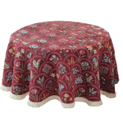 FANSHINUO Runde Tischdecke mit Quastenbesatz, knitterfreies Polyestergewebe für Esszimmer, Dekoration, Heimgebrauch von FANSHINUO
