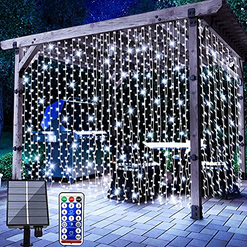 FANSIR Solar Lichtervorhang Aussen, 3 X 3m 300 LED Lichterketten Vorhang 8 Modi Fernbedienung Wasserdicht Solar Lichterketten Aussen für Gartendeko Balkon Hochzeit Weihnachten Innen (Kaltweiß) von FANSIR
