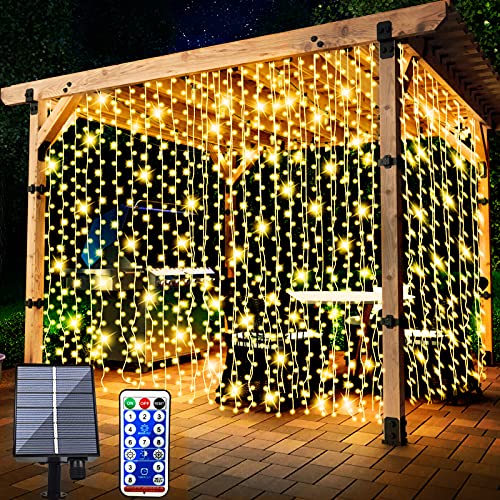 FANSIR Solar Lichtervorhang Aussen, 3 X 3m 300 LED Lichterketten Vorhang 8 Modi Fernbedienung Wasserdicht Solar Lichterketten Aussen für Gartendeko Balkon Hochzeit Weihnachten Innen (Warmweiß) von FANSIR
