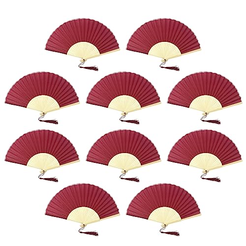 FANSOF.FANS Handfächer aus Stoff mit Quaste, Güteklasse A, Bambusrippen, für Party, Hochzeit, Gastgeschenk (Dunkelrot, Kastanienbraun), 10 Stück von FANSOF.FANS