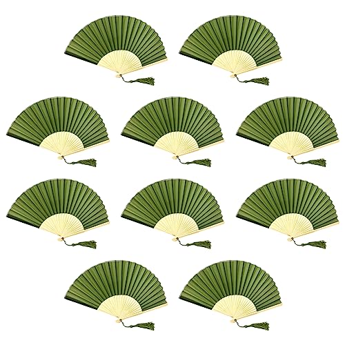 FANSOF.FANS Packung mit 10 Seide Stoff Fan mit einer Quaste Grade A Bambus Rippen Hochzeit Party Gefallen Handheld Fan (Moos/Olive Grün) von FANSOF.FANS